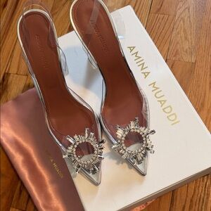 Amina Muaddi Silver Crystal Embellished Heels